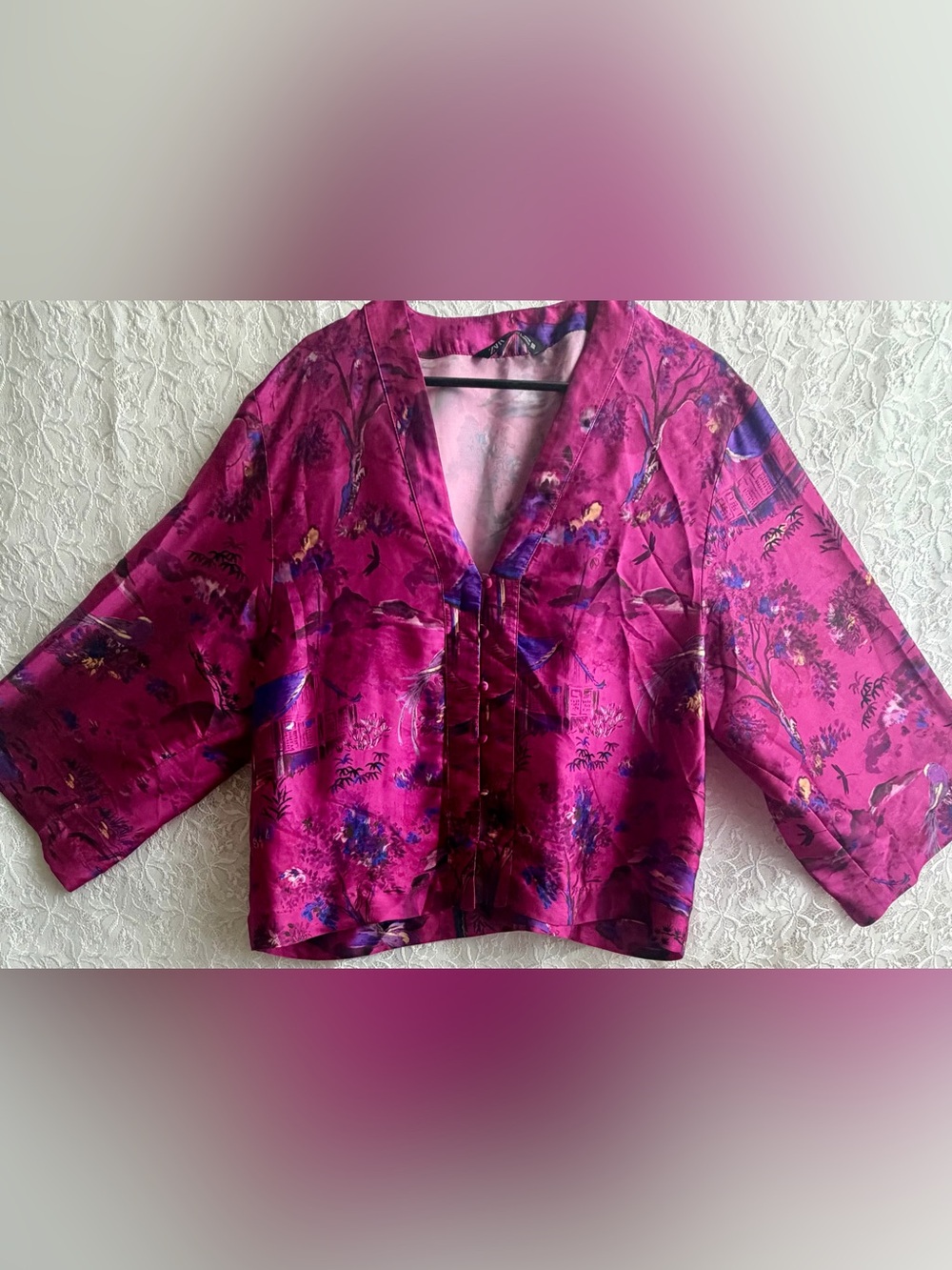 ZARA Magenta Pink Oriental Print Satin Blouse Kimono Top